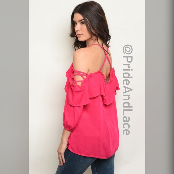 Fuchsia Off the Shoulder Ruffle Top - Picture 2 of 2